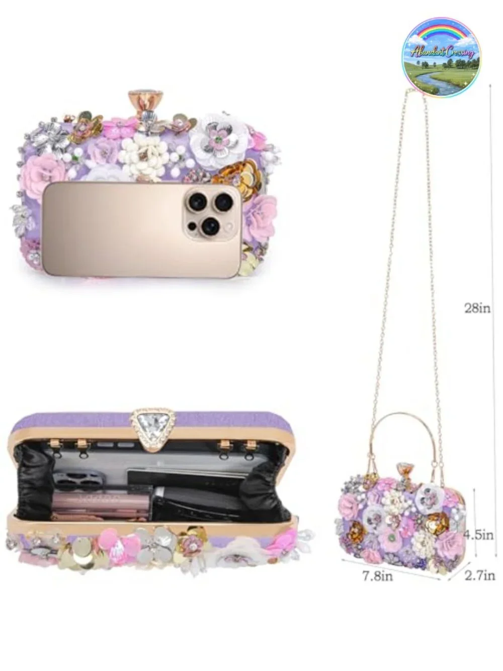 Sequin PU Leather Evening Clutch with 3D Flowers and Chain Strap